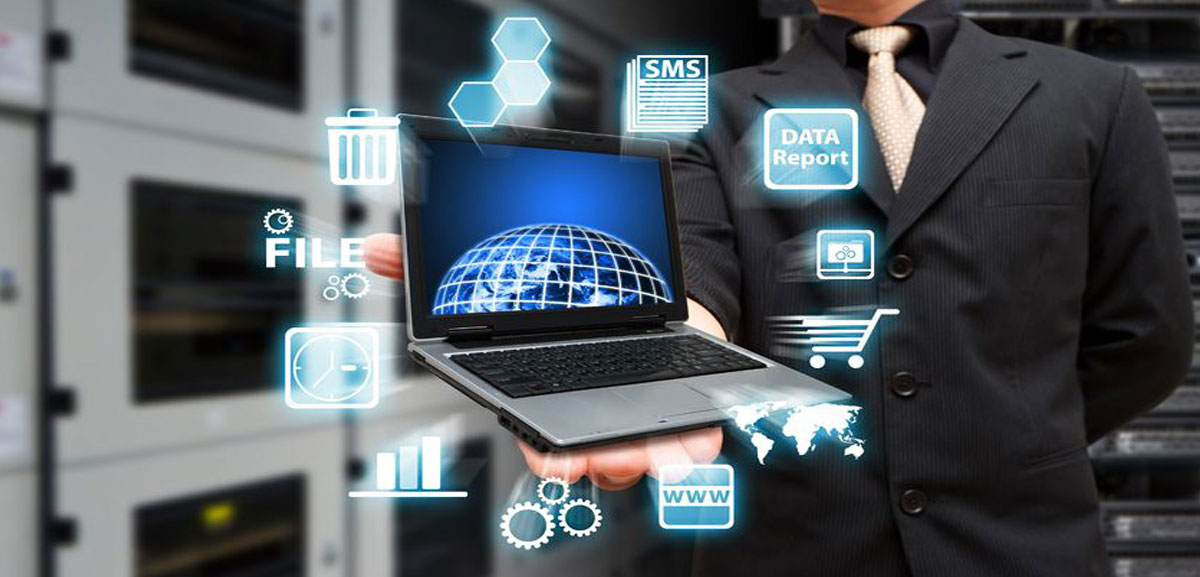 Business man holding laptop with data icons