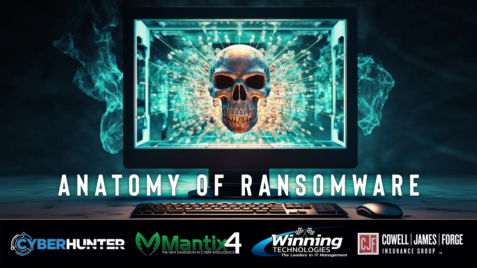 image of a scull coming out of a computer monitor representing the Anatomy of Ransomware Webinar